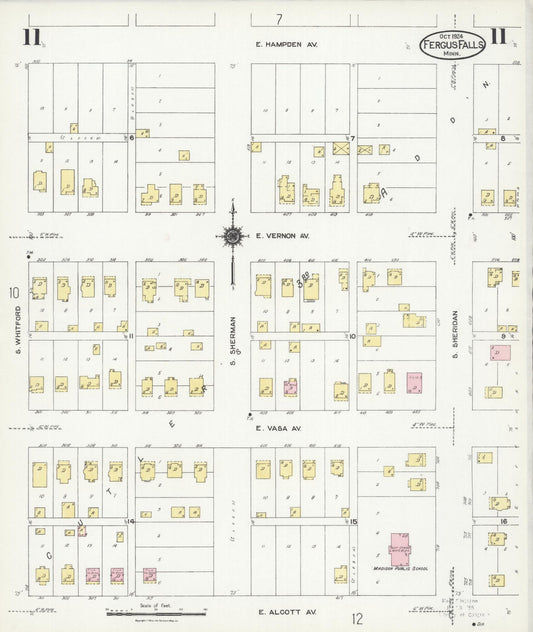 Sanborn Fire Insurance Map from Fergus Falls, Otter Tail County, Minnesota (1924), Sheet #0011 - Historic Sanborn Fire Insurance Map Print, vintage old map wall art, antique decor, genealogy gift, Minnesota Minnesota map