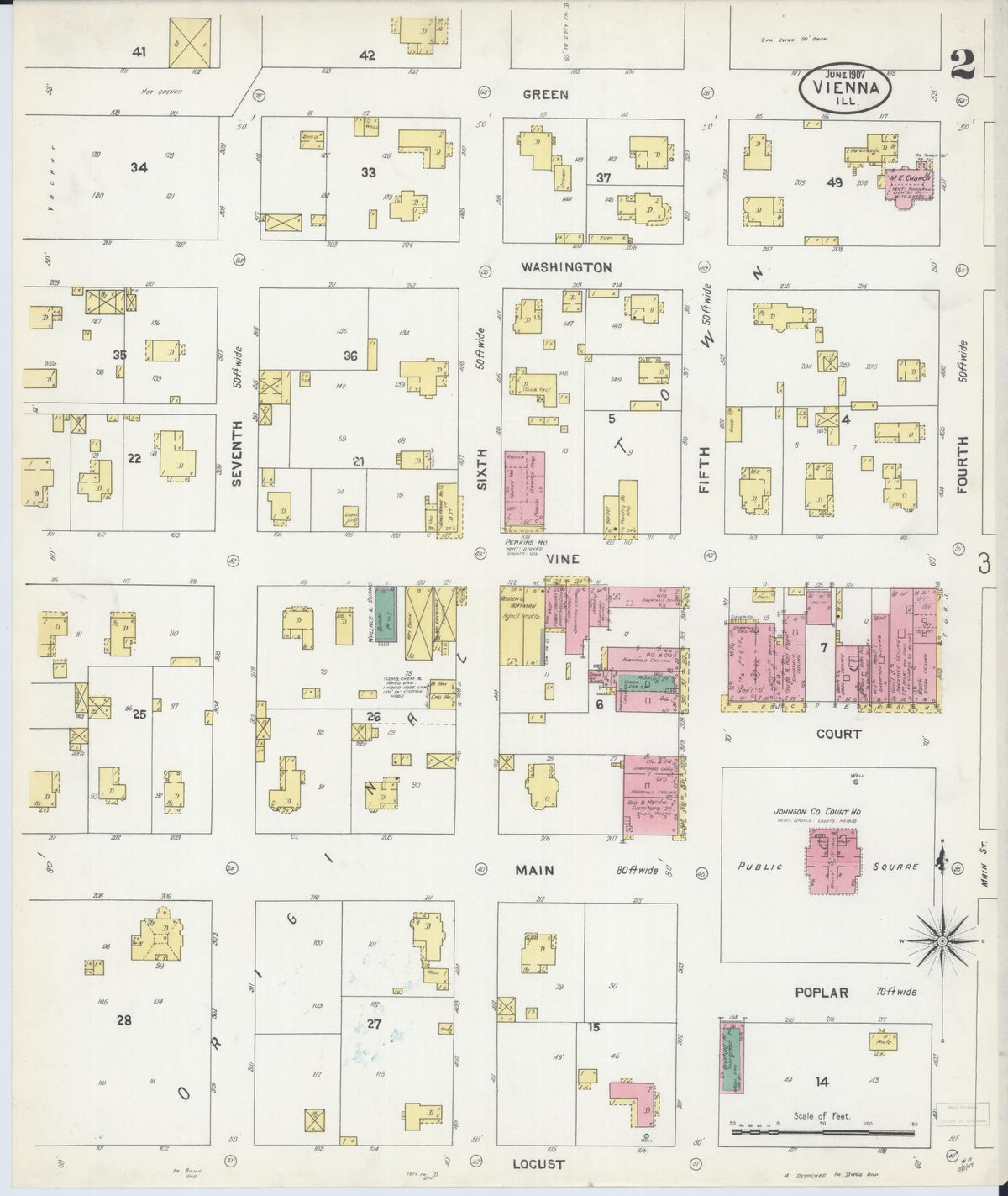 Sanborn Fire Insurance Map from Vienna, Johnson County, Illinois (1907), Sheet #0002 - Complete Map Set gallery image, historic Sanborn map, vintage wall art, Illinois Illinois
