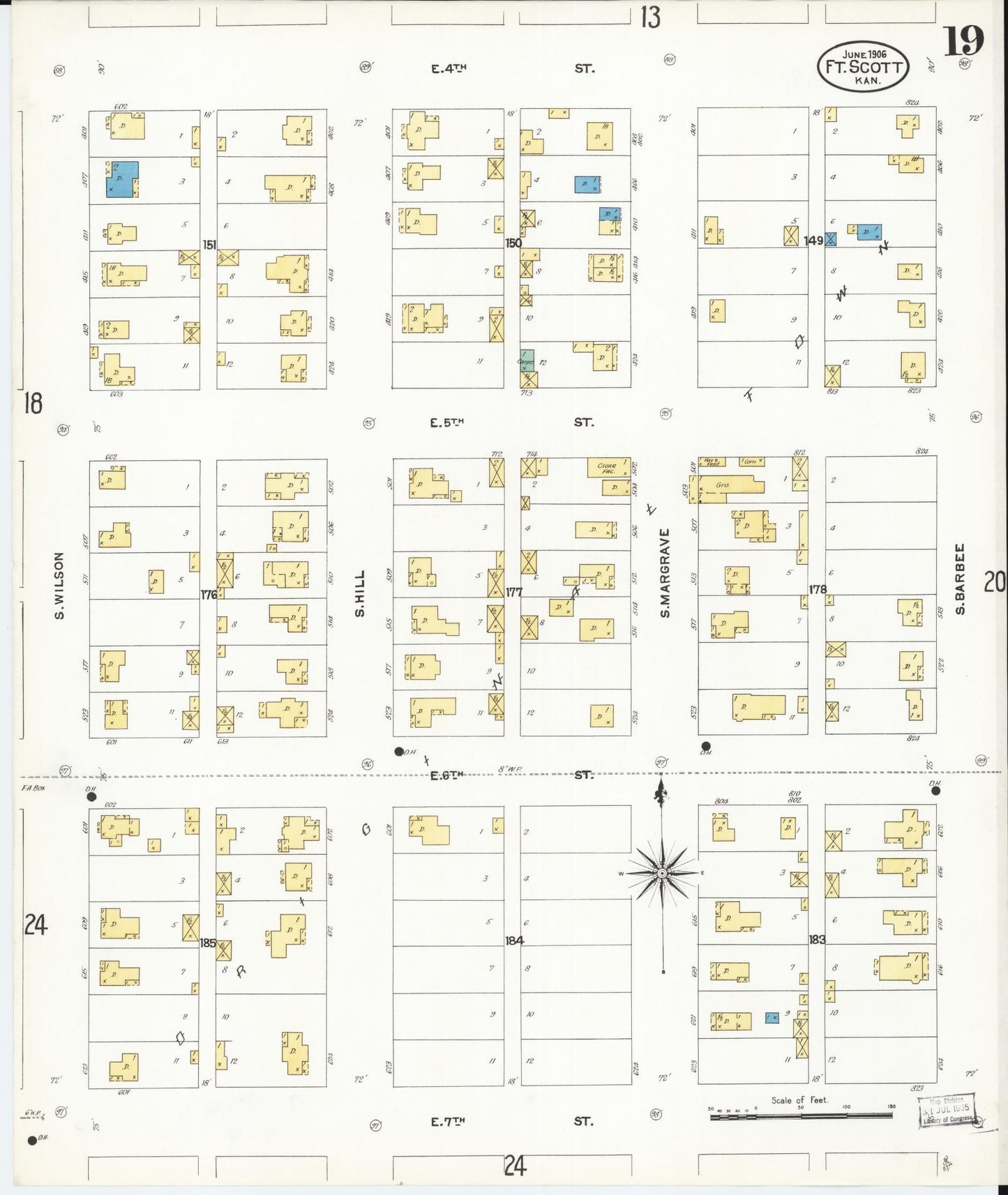 Sanborn Fire Insurance Map from Fort Scott, Bourbon County, Kansas (1906), Sheet #0019 - Complete Map Set gallery image, historic Sanborn map, vintage wall art, Kansas Kansas