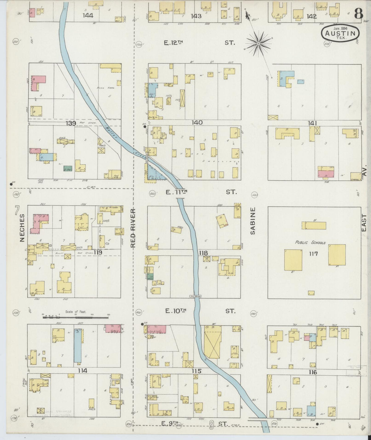 Sanborn Fire Insurance Map from Austin, Travis County, Texas (1894), Sheet #0008 - Complete Map Set gallery image, historic Sanborn map, vintage wall art, Texas Texas