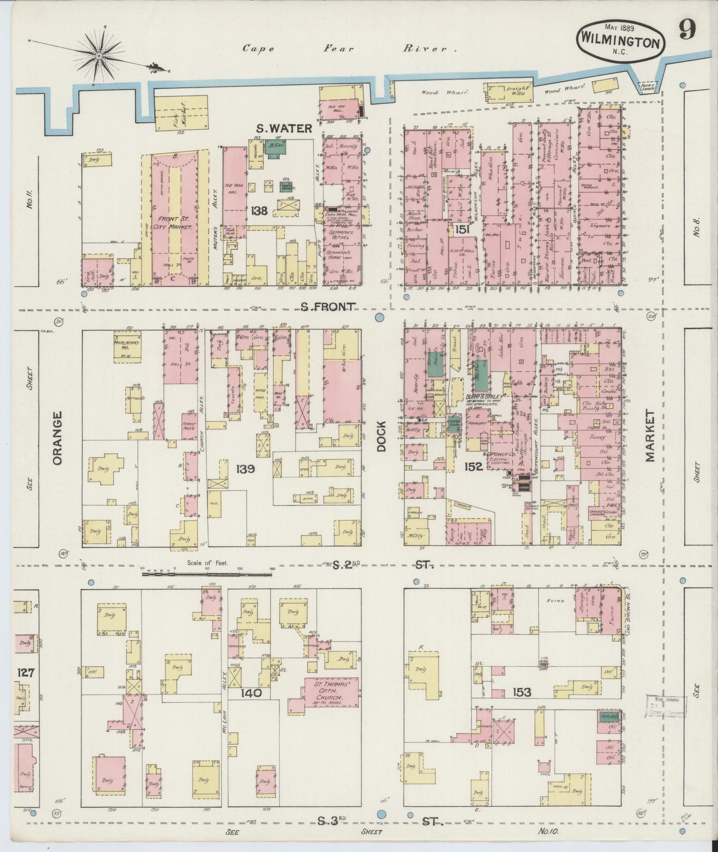Sanborn Fire Insurance Map from Wilmington, New Hanover County, North Carolina (1889), Sheet #0009 - Complete Map Set gallery image, historic Sanborn map, vintage wall art, North Carolina North Carolina