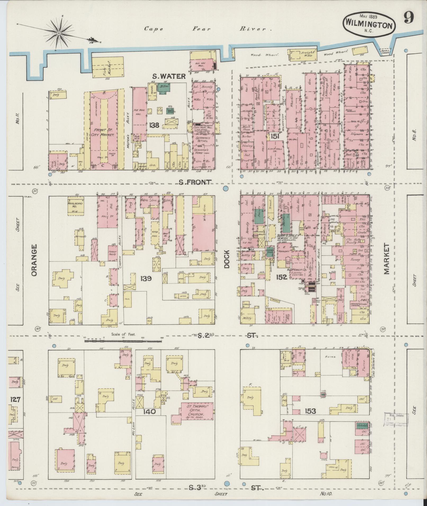 Sanborn Fire Insurance Map from Wilmington, New Hanover County, North Carolina (1889), Sheet #0009 - Complete Map Set gallery image, historic Sanborn map, vintage wall art, North Carolina North Carolina