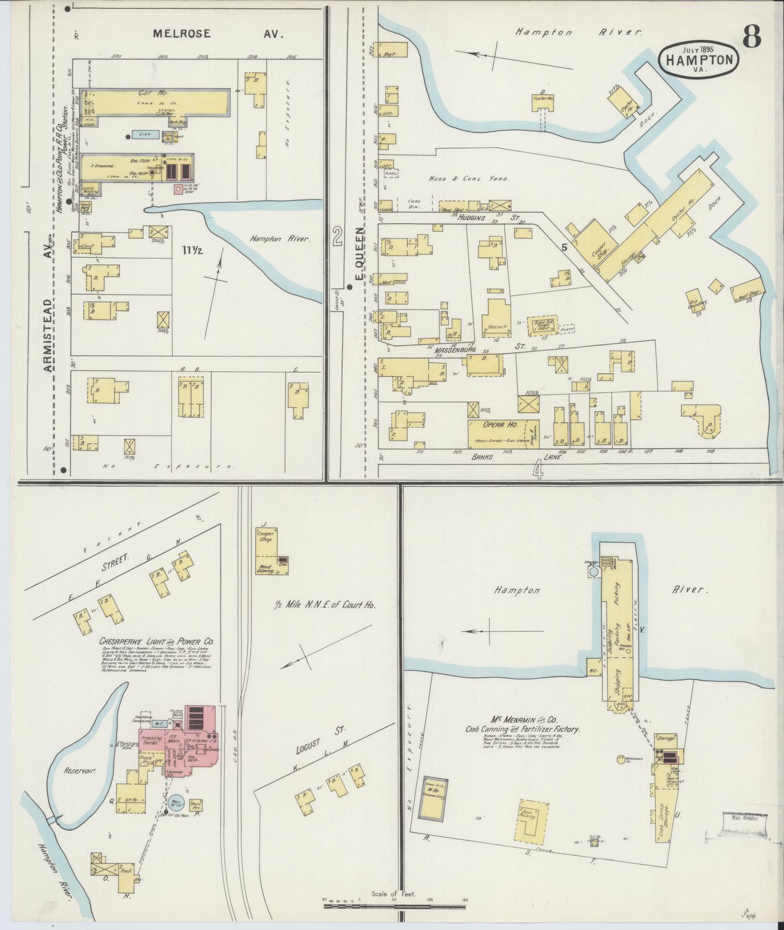 Sanborn Fire Insurance Map from Hampton, Independent Cities, Virginia (1895), Sheet #0008 - Complete Map Set gallery image, historic Sanborn map, vintage wall art, Virginia Virginia