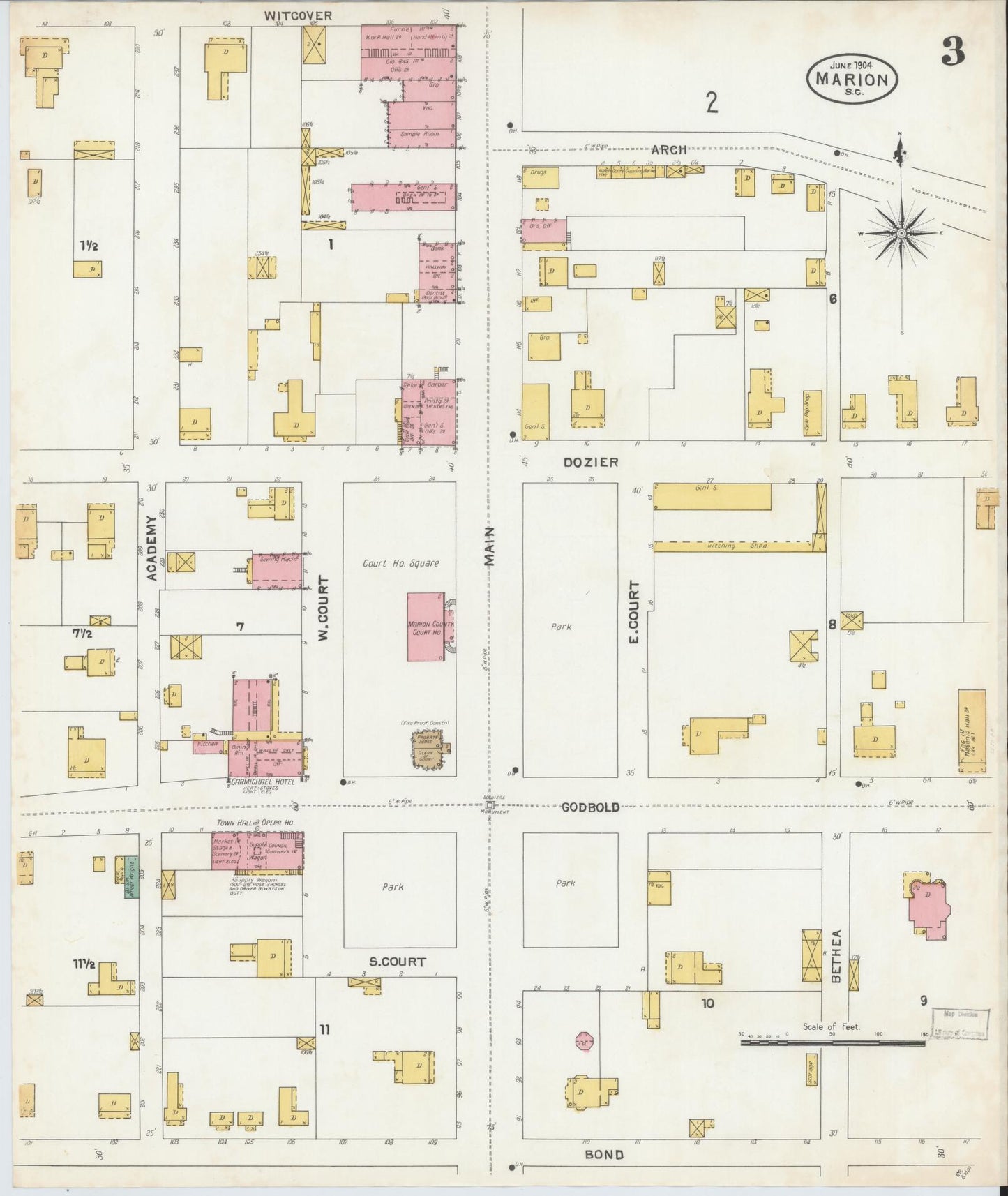 Sanborn Fire Insurance Map from Marion, Marion County, South Carolina (1904), Sheet #0003 - Historic Sanborn Fire Insurance Map Print, vintage old map wall art, antique decor, genealogy gift, South Carolina South Carolina map