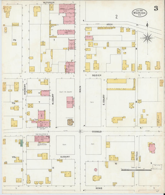 Sanborn Fire Insurance Map from Marion, Marion County, South Carolina (1904), Sheet #0003 - Historic Sanborn Fire Insurance Map Print, vintage old map wall art, antique decor, genealogy gift, South Carolina South Carolina map