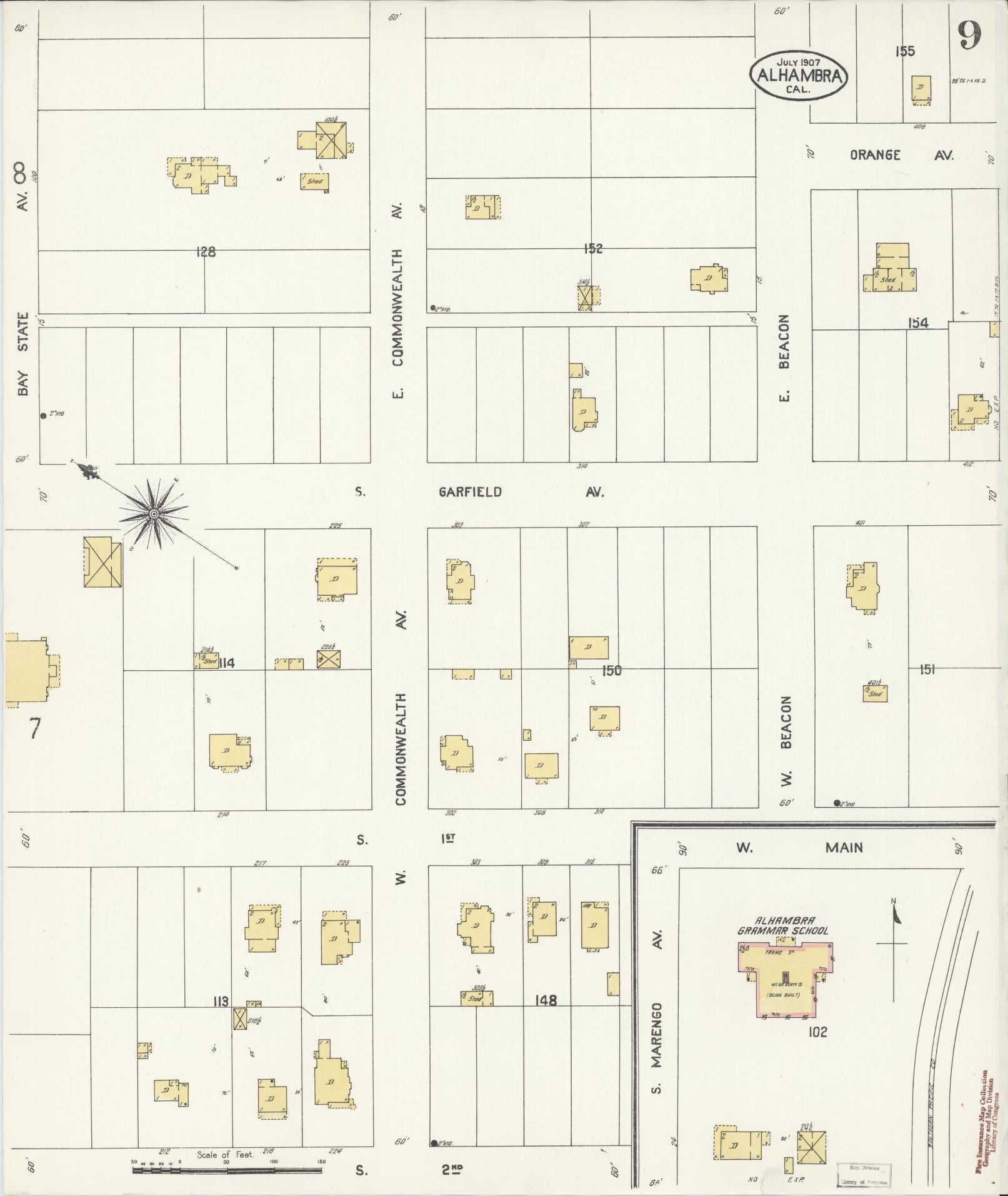 Sanborn Fire Insurance Map from Alhambra, Los Angeles County, California (1907), Sheet #0009 - Historic Sanborn Fire Insurance Map Print, vintage old map wall art, antique decor, genealogy gift, California California map