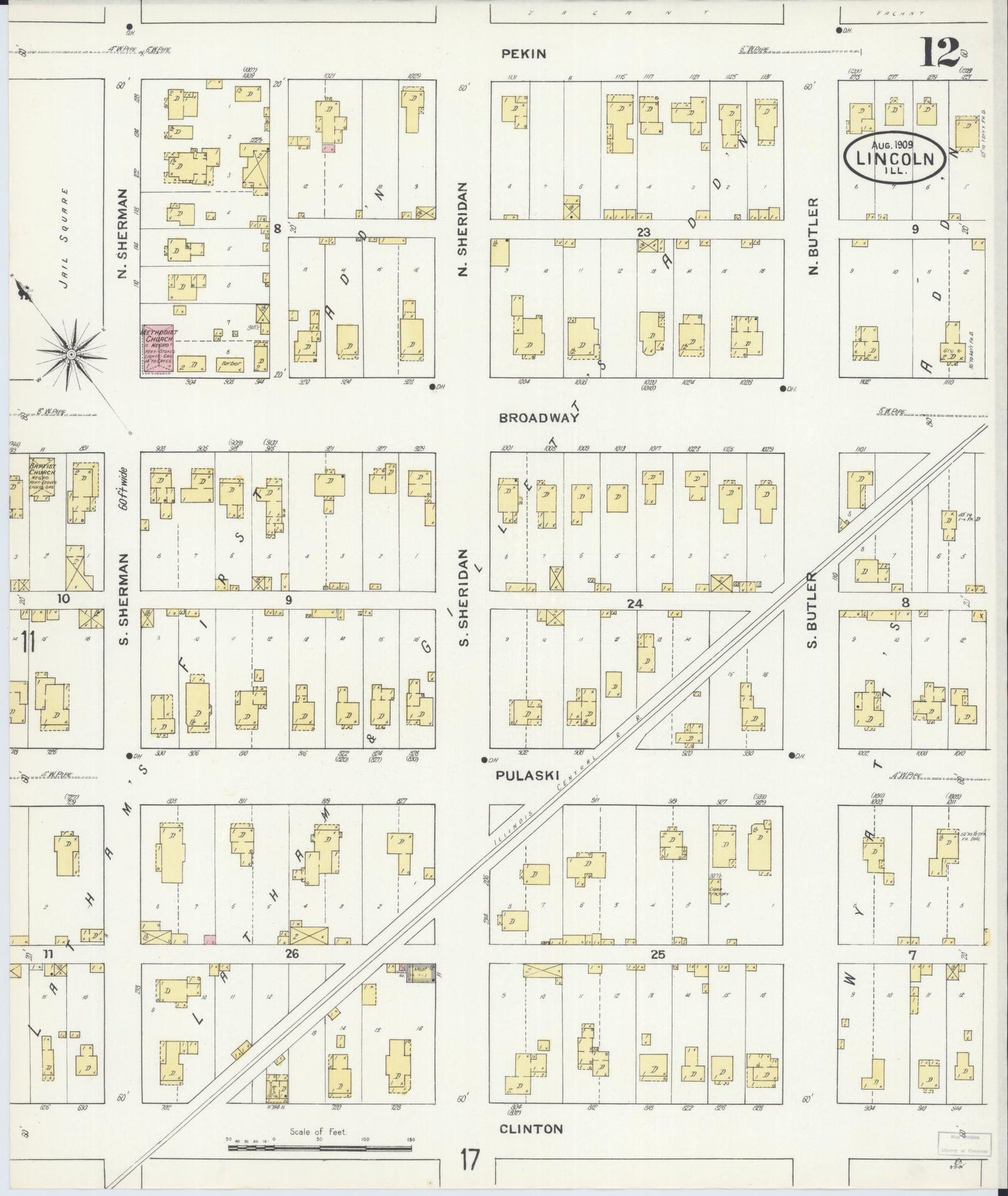 Sanborn Fire Insurance Map from Lincoln, Logan County, Illinois (1909), Sheet #0012 - Historic Sanborn Fire Insurance Map Print, vintage old map wall art, antique decor, genealogy gift, Illinois Illinois map