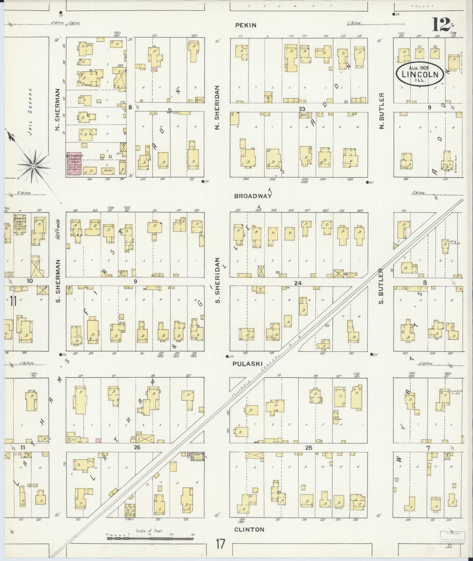 Sanborn Fire Insurance Map from Lincoln, Logan County, Illinois (1909), Sheet #0012 - Historic Sanborn Fire Insurance Map Print, vintage old map wall art, antique decor, genealogy gift, Illinois Illinois map