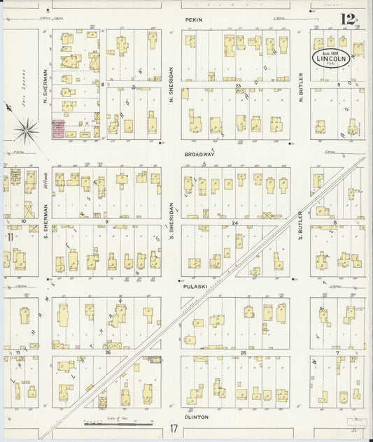 Sanborn Fire Insurance Map from Lincoln, Logan County, Illinois (1909), Sheet #0012 - Historic Sanborn Fire Insurance Map Print, vintage old map wall art, antique decor, genealogy gift, Illinois Illinois map