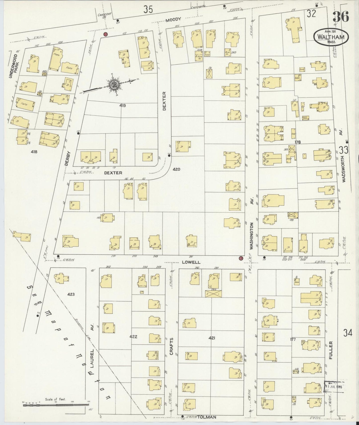 Sanborn Fire Insurance Map from Waltham, Middlesex County, Massachusetts (1911), Sheet #0036 - Complete Map Set gallery image, historic Sanborn map, vintage wall art, Massachusetts Massachusetts