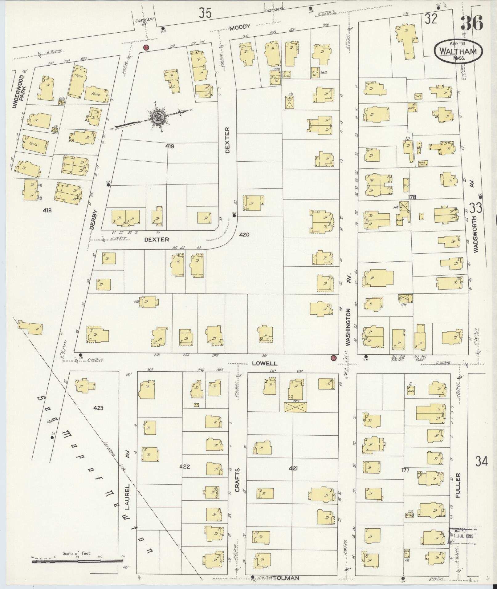 Sanborn Fire Insurance Map from Waltham, Middlesex County, Massachusetts (1911), Sheet #0036 - Complete Map Set gallery image, historic Sanborn map, vintage wall art, Massachusetts Massachusetts