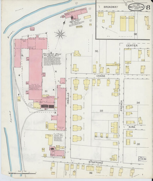 Sanborn Fire Insurance Map from Methuen, Essex County, Massachusetts (1892), Sheet #0008 - Historic Sanborn Fire Insurance Map Print, vintage old map wall art, antique decor, genealogy gift, Massachusetts Massachusetts map