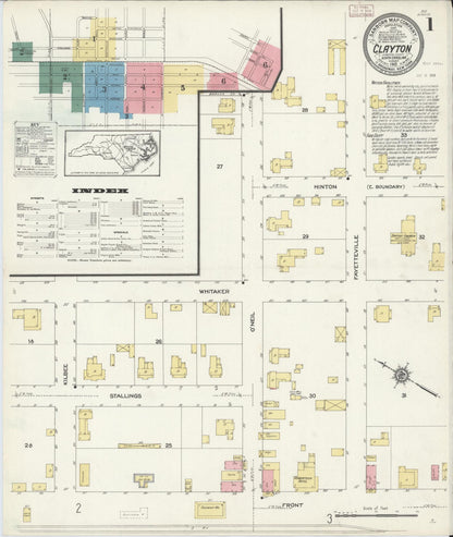 Sanborn Fire Insurance Map from Clayton, Johnston County, North Carolina (1913), Sheet #0001 - Complete Map Set gallery image, historic Sanborn map, vintage wall art, North Carolina North Carolina