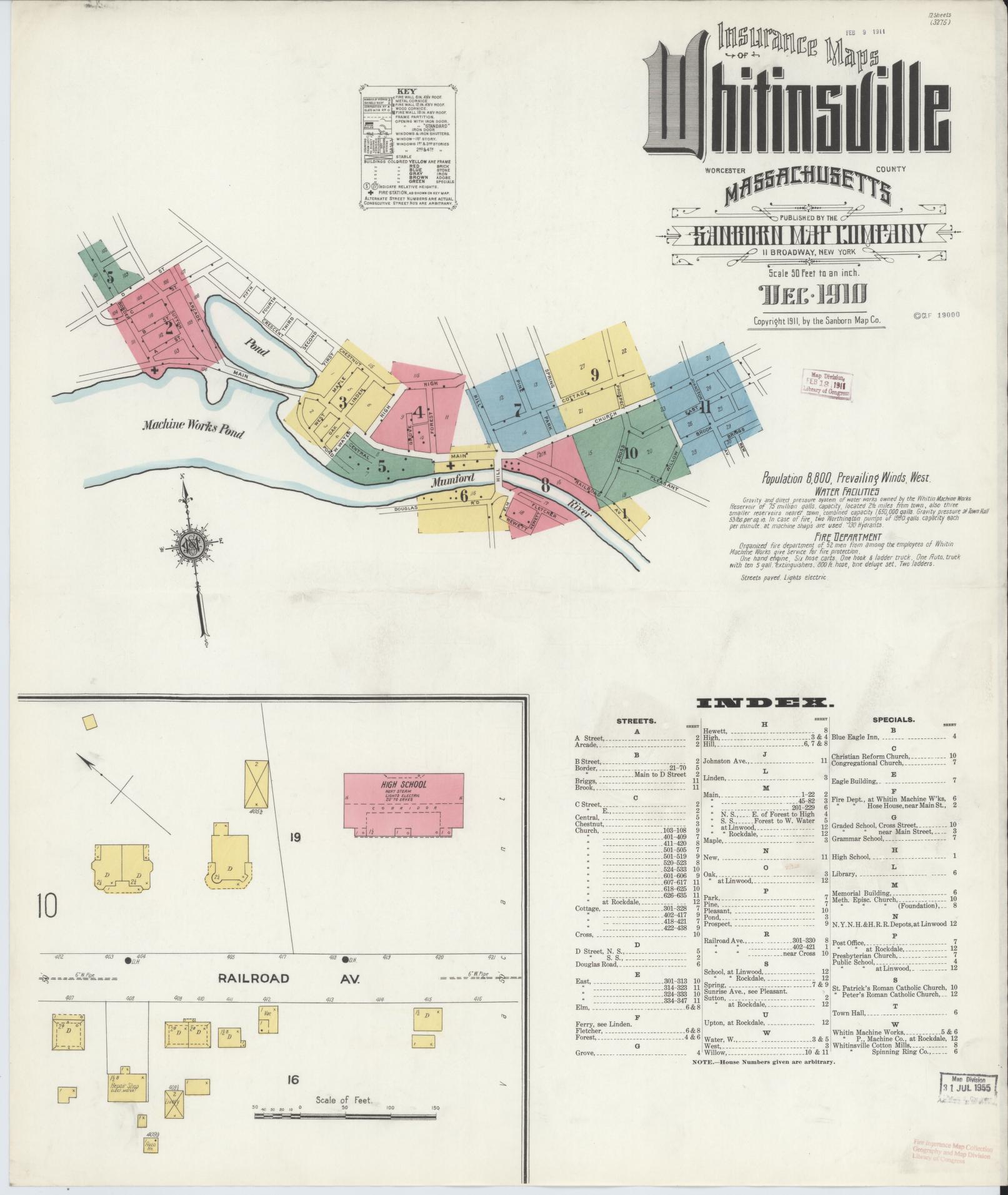 Sanborn Fire Insurance Map from Whitinsville, Worcester County, Massachusetts (1910), Sheet #0001 - Historic Sanborn Fire Insurance Map Print, vintage old map wall art, antique decor, genealogy gift, Massachusetts Massachusetts map