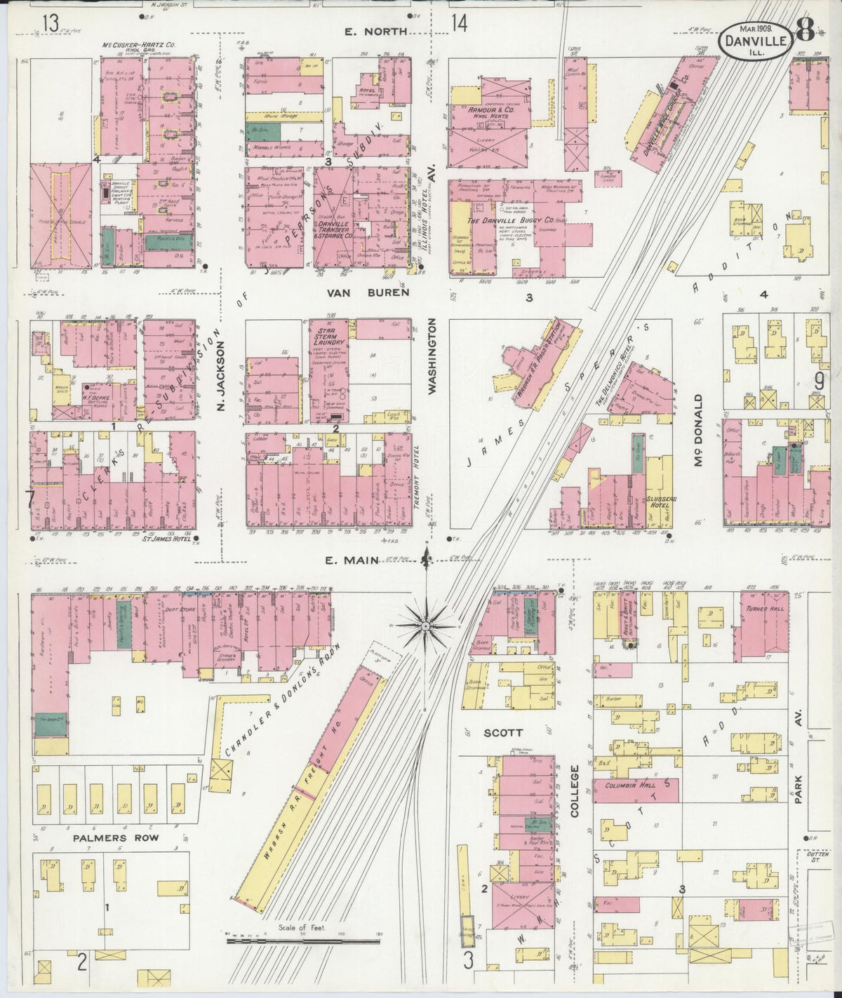 Sanborn Fire Insurance Map from Danville, Vermilion County, Illinois (1909), Sheet #0008 - Historic Sanborn Fire Insurance Map Print, vintage old map wall art, antique decor, genealogy gift, Illinois Illinois map