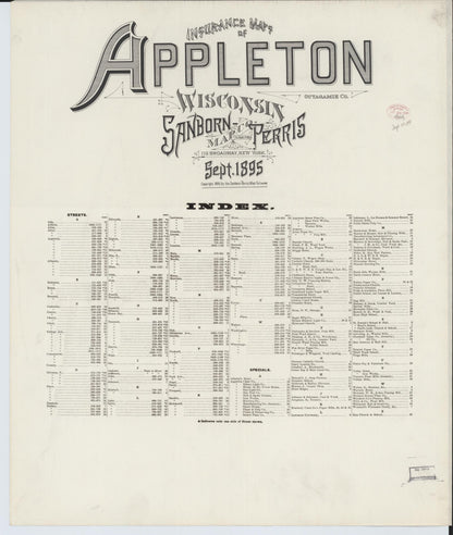 Sanborn Fire Insurance Map from Appleton, Outagamie County, Wisconsin (1895), Sheet #0001 - Historic Sanborn Fire Insurance Map Print, vintage old map wall art, antique decor, genealogy gift, Wisconsin Wisconsin map