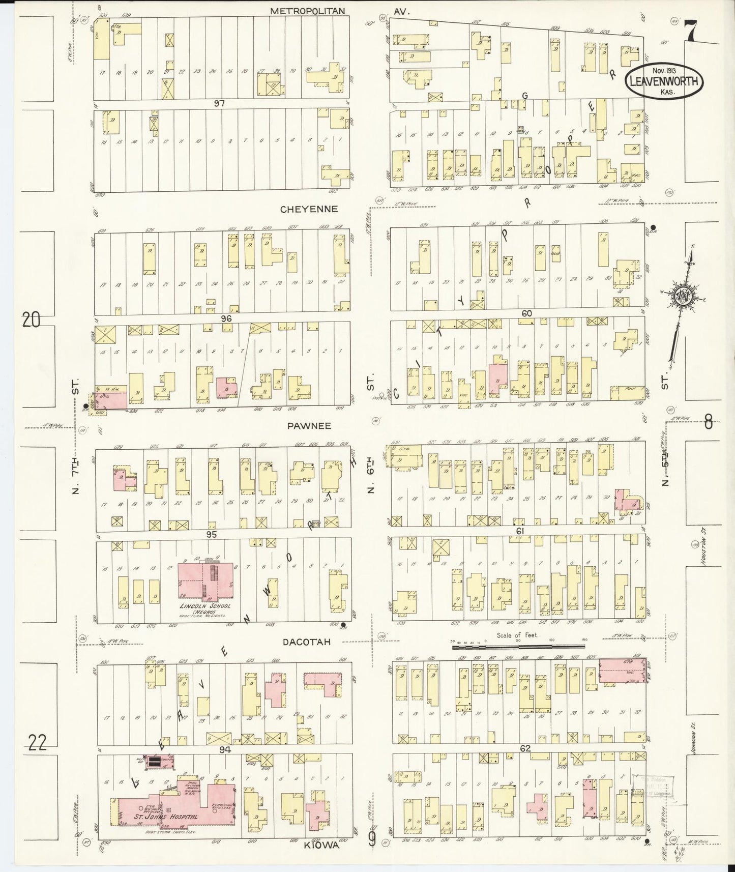 Sanborn Fire Insurance Map from Leavenworth, Leavenworth County, Kansas (1913), Sheet #0008 - Complete Map Set gallery image, historic Sanborn map, vintage wall art, Kansas Kansas