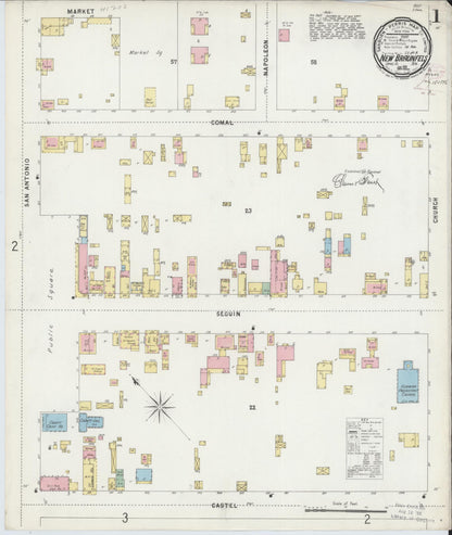 Sanborn Fire Insurance Map from New Braunfels, Comal County, Texas (1896), Sheet #0001 - Historic Sanborn Fire Insurance Map Print, vintage old map wall art, antique decor, genealogy gift, Texas Texas map