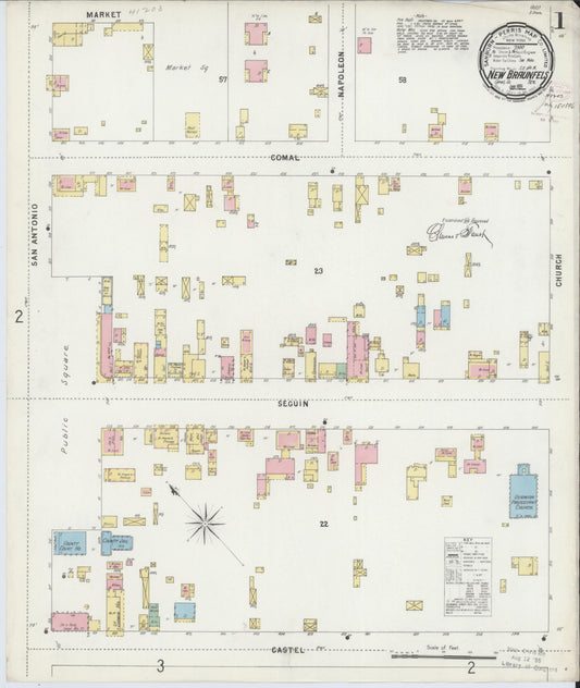 Sanborn Fire Insurance Map from New Braunfels, Comal County, Texas (1896), Sheet #0001 - Historic Sanborn Fire Insurance Map Print, vintage old map wall art, antique decor, genealogy gift, Texas Texas map