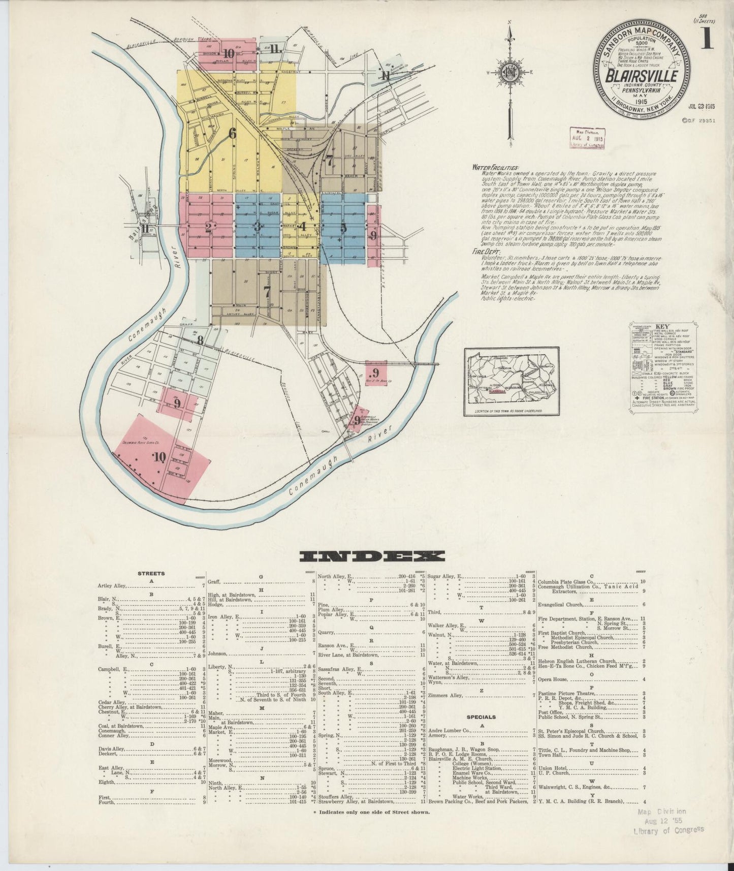 Sanborn Fire Insurance Map from Blairsville, Indiana County, Pennsylvania (1915), Sheet #0001 - Historic Sanborn Fire Insurance Map Print, vintage old map wall art, antique decor, genealogy gift, Blairsville Indiana map