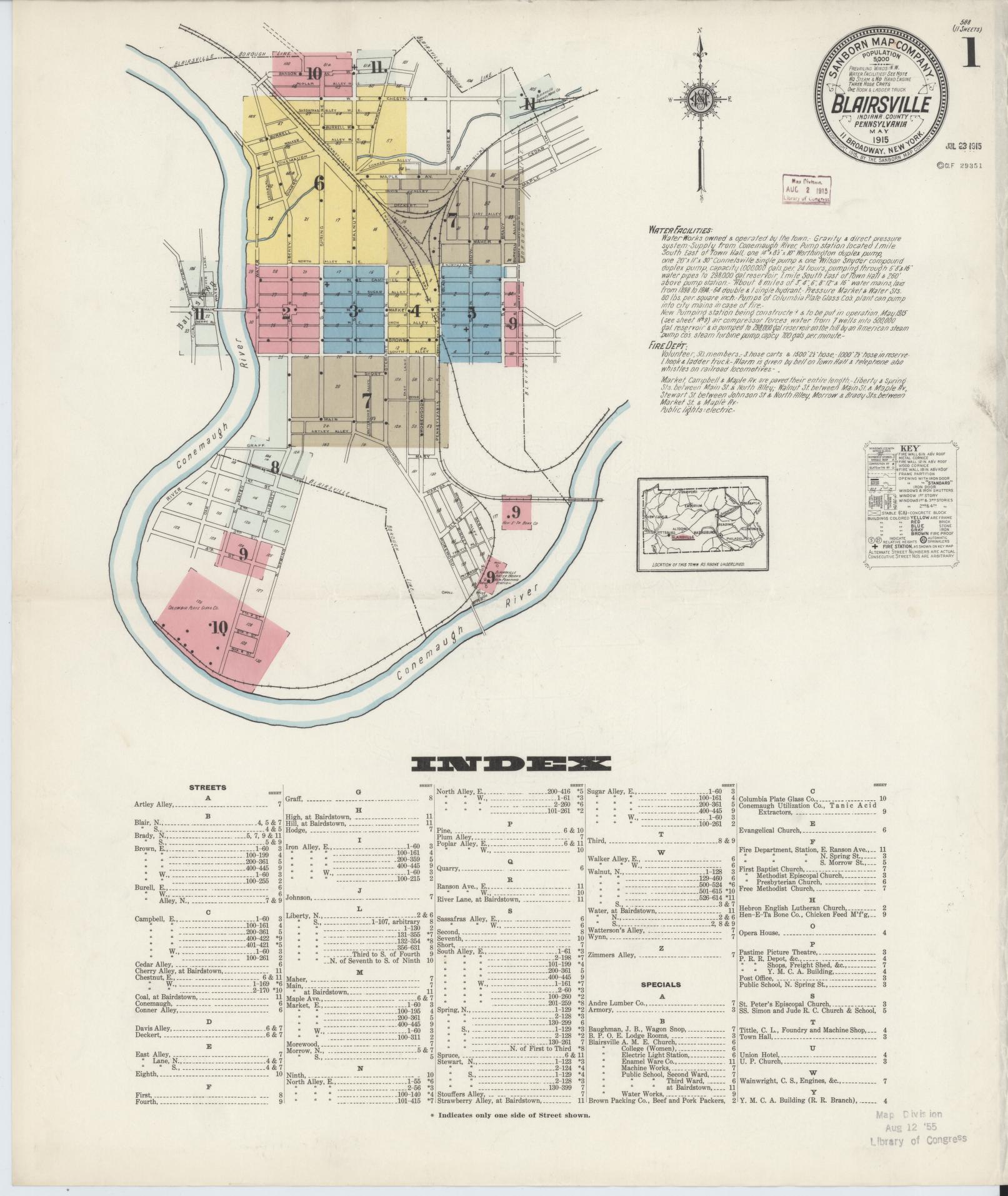 Sanborn Fire Insurance Map from Blairsville, Indiana County, Pennsylvania (1915), Sheet #0001 - Historic Sanborn Fire Insurance Map Print, vintage old map wall art, antique decor, genealogy gift, Blairsville Indiana map