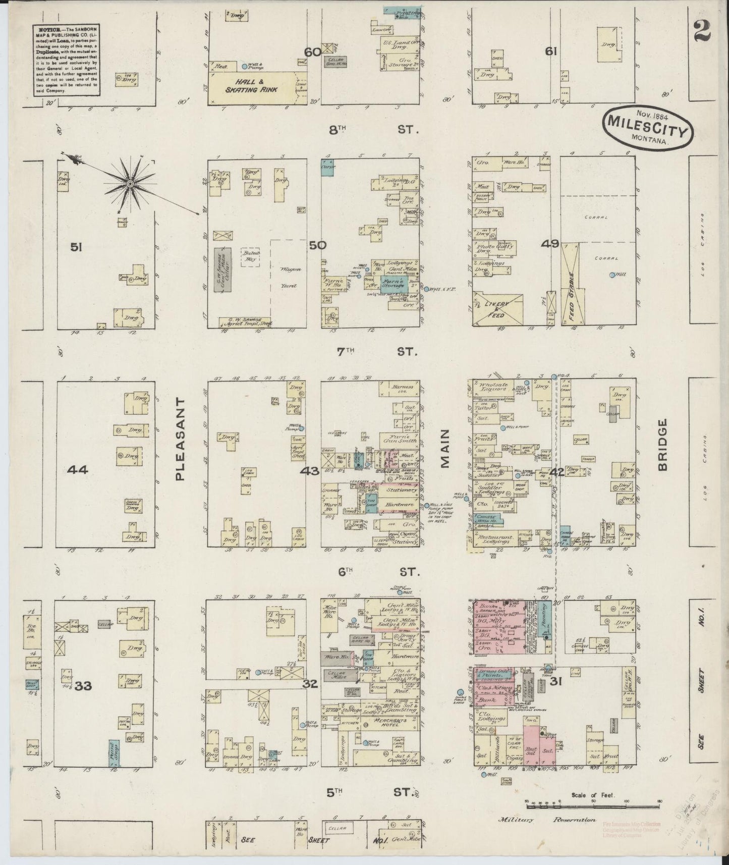 Sanborn Fire Insurance Map from Miles City, Custer County, Montana (1884), Sheet #0002 - Historic Sanborn Fire Insurance Map Print, vintage old map wall art, antique decor, genealogy gift, Montana Montana map