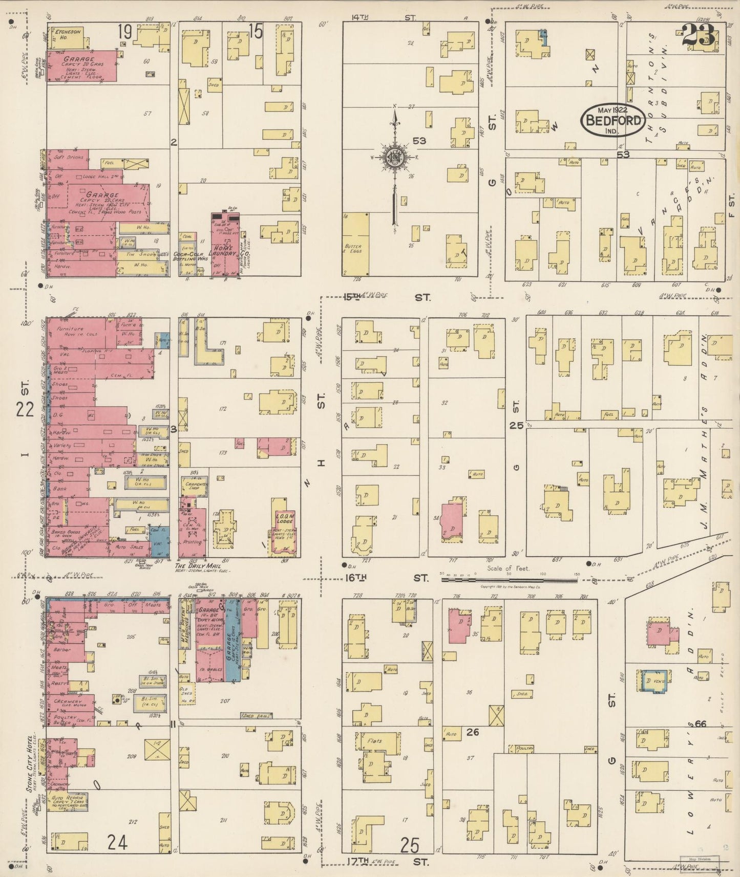 Sanborn Fire Insurance Map from Bedford, Lawrence County, Indiana (1922), Sheet #0023 - Historic Sanborn Fire Insurance Map Print, vintage old map wall art, antique decor, genealogy gift, Indiana Indiana map