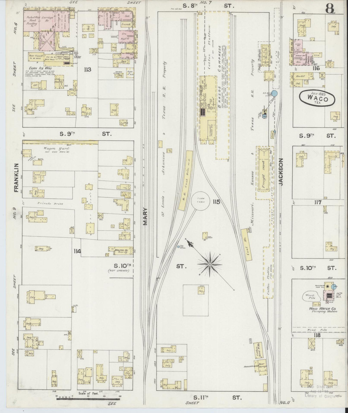 Sanborn Fire Insurance Map from Waco, McLennan County, Texas (1889), Sheet #0008 - Historic Sanborn Fire Insurance Map Print, vintage old map wall art, antique decor, genealogy gift, Texas Texas map