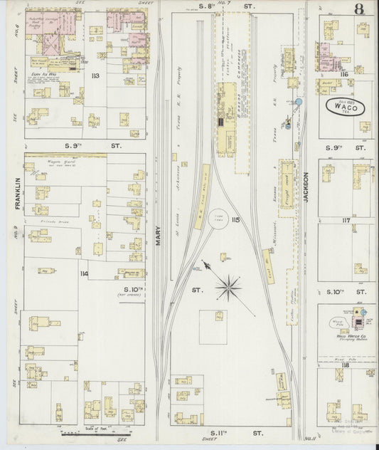 Sanborn Fire Insurance Map from Waco, McLennan County, Texas (1889), Sheet #0008 - Historic Sanborn Fire Insurance Map Print, vintage old map wall art, antique decor, genealogy gift, Texas Texas map