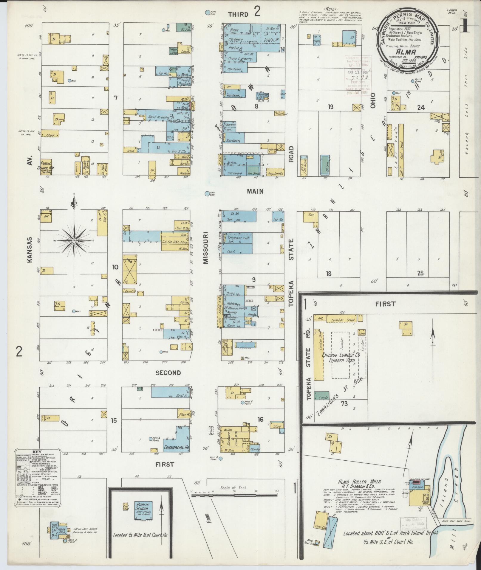 Sanborn Fire Insurance Map from Alma, Wabaunsee County, Kansas (1900), Sheet #0001 - Historic Sanborn Fire Insurance Map Print, vintage old map wall art, antique decor, genealogy gift, Kansas Kansas map