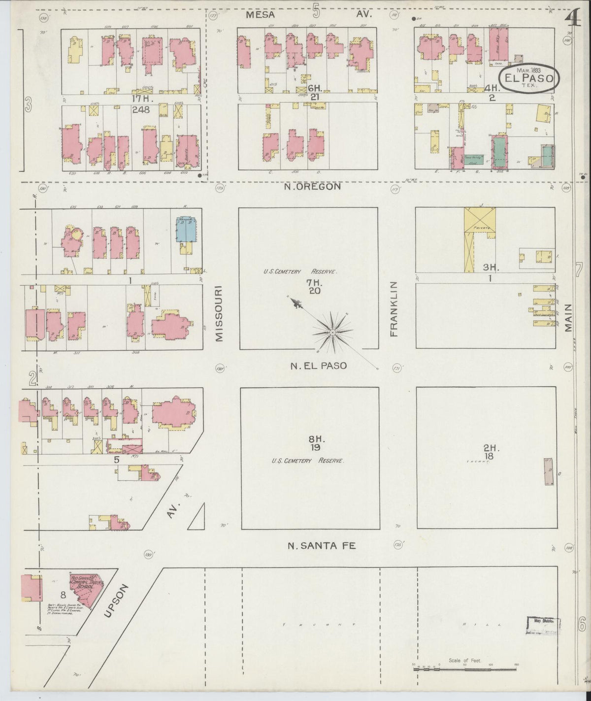 Sanborn Fire Insurance Map from El Paso, El Paso County, Texas (1893), Sheet #0004 - Historic Sanborn Fire Insurance Map Print, vintage old map wall art, antique decor, genealogy gift, Texas Texas map
