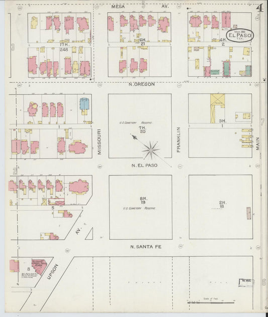Sanborn Fire Insurance Map from El Paso, El Paso County, Texas (1893), Sheet #0004 - Historic Sanborn Fire Insurance Map Print, vintage old map wall art, antique decor, genealogy gift, Texas Texas map