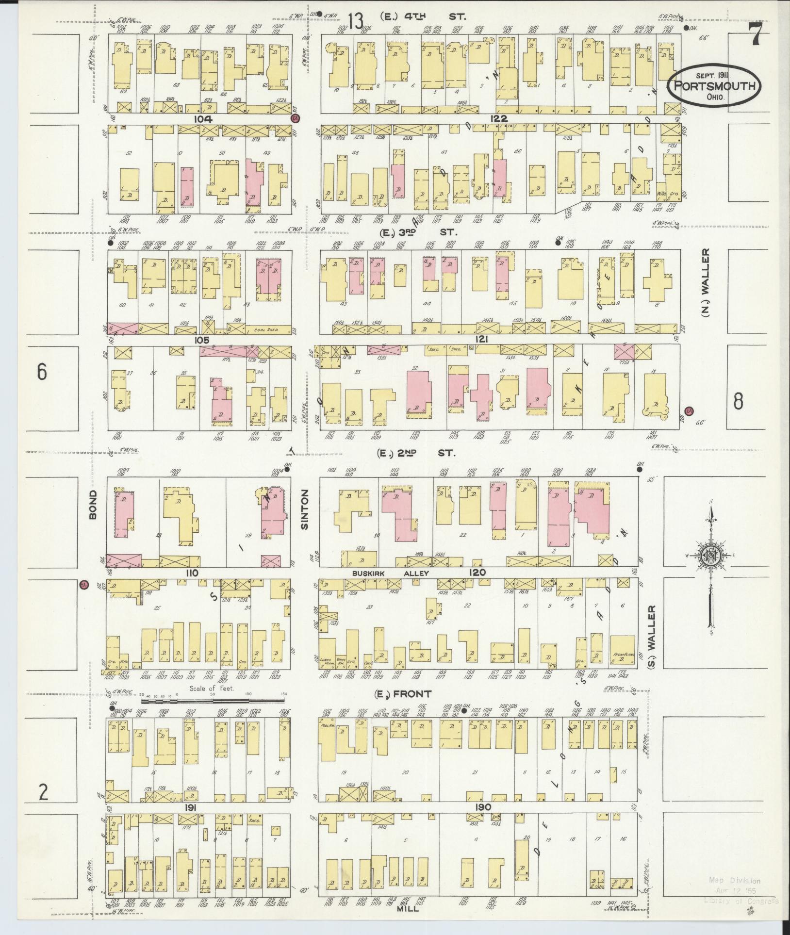 Sanborn Fire Insurance Map from Portsmouth, Scioto County, Ohio (1911), Sheet #0007 - Historic Sanborn Fire Insurance Map Print, vintage old map wall art, antique decor, genealogy gift, Ohio Ohio map