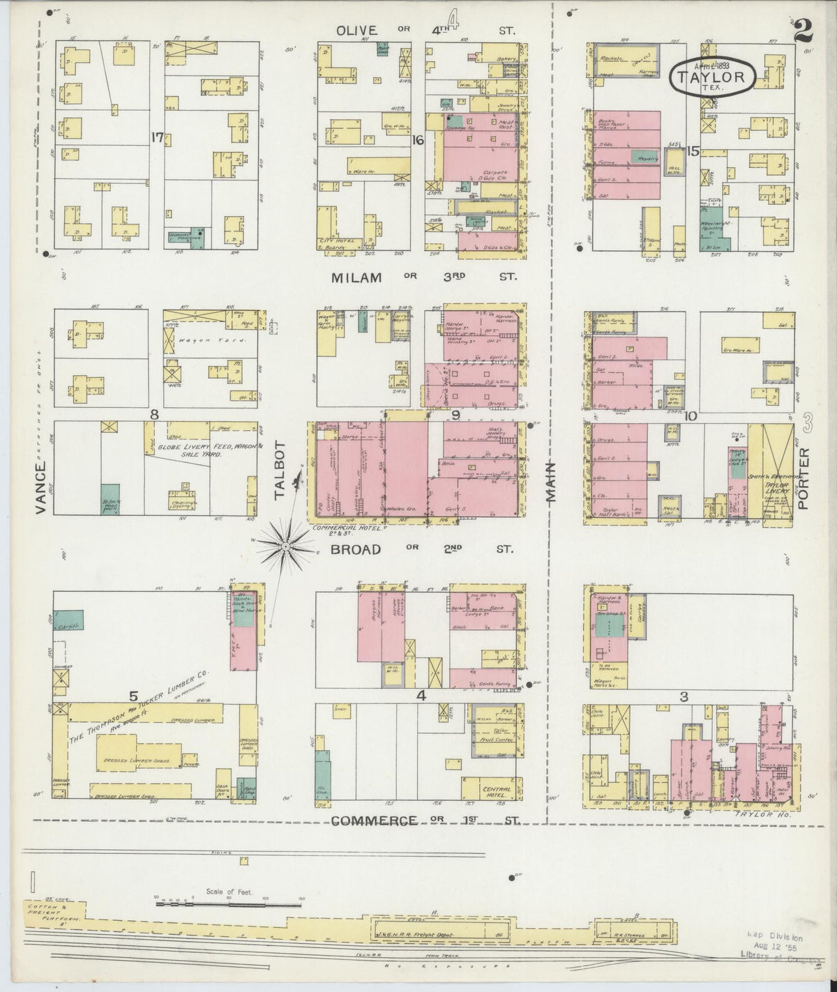 Sanborn Fire Insurance Map from Taylor, Williamson County, Texas (1893), Sheet #0002 - Historic Sanborn Fire Insurance Map Print, vintage old map wall art, antique decor, genealogy gift, Texas Texas map