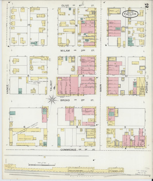 Sanborn Fire Insurance Map from Taylor, Williamson County, Texas (1893), Sheet #0002 - Historic Sanborn Fire Insurance Map Print, vintage old map wall art, antique decor, genealogy gift, Texas Texas map