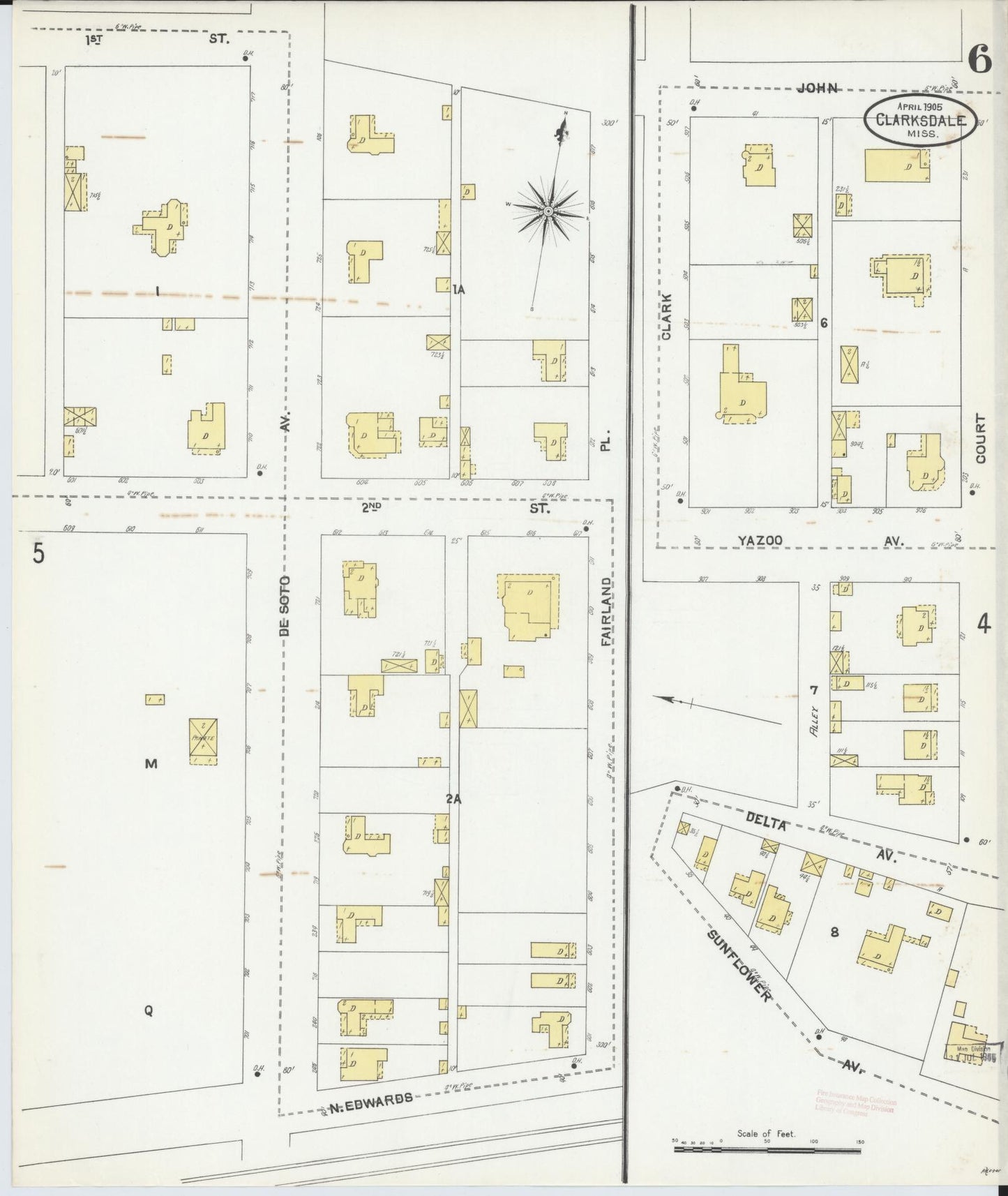 Sanborn Fire Insurance Map from Clarksdale, Coahoma County, Mississippi (1905), Sheet #0006 - Historic Sanborn Fire Insurance Map Print, vintage old map wall art, antique decor, genealogy gift, Mississippi Mississippi map