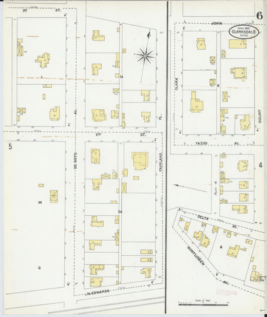 Sanborn Fire Insurance Map from Clarksdale, Coahoma County, Mississippi (1905), Sheet #0006 - Historic Sanborn Fire Insurance Map Print, vintage old map wall art, antique decor, genealogy gift, Mississippi Mississippi map