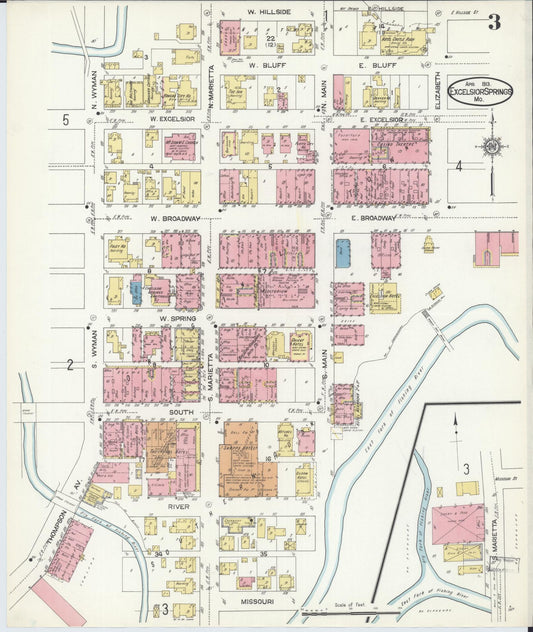 Sanborn Fire Insurance Map from Excelsior Springs, Clay County, Missouri (1913), Sheet #0003 - Historic Sanborn Fire Insurance Map Print, vintage old map wall art, antique decor, genealogy gift, Missouri Missouri map