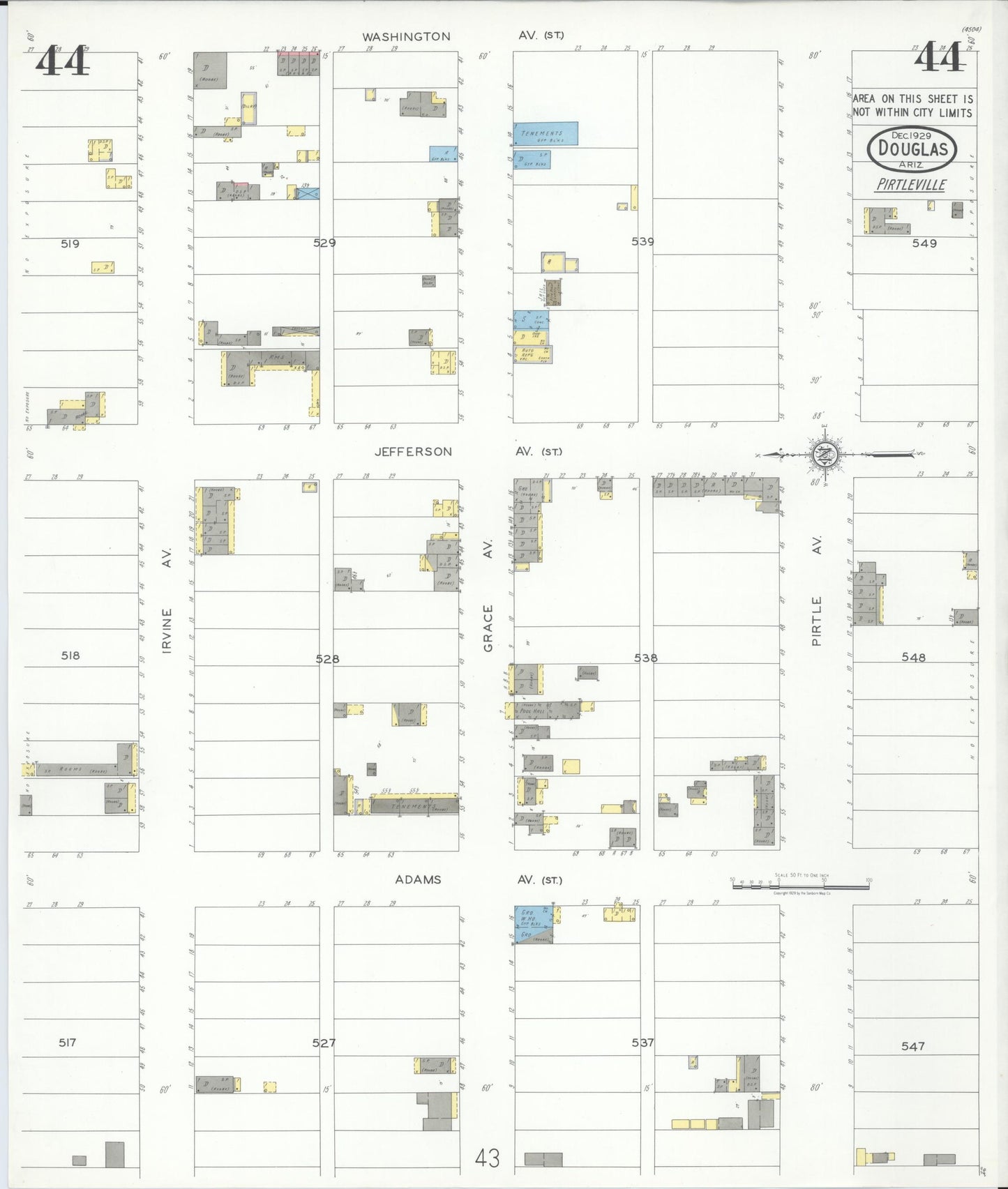 Sanborn Fire Insurance Map from Douglas, Cochise County, Arizona (1929), Sheet #0044 - Complete Map Set gallery image, historic Sanborn map, vintage wall art, Arizona Arizona