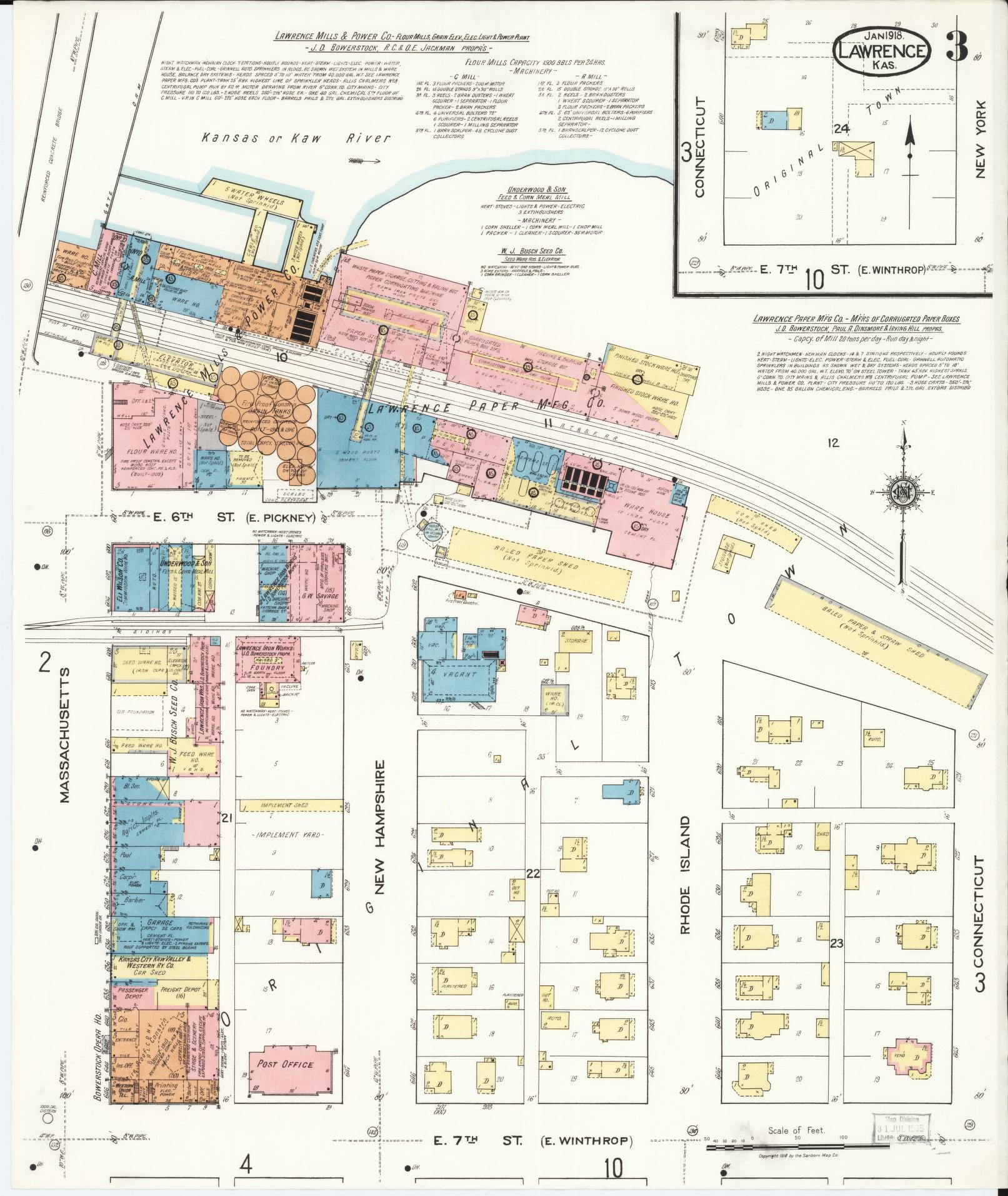 Sanborn Fire Insurance Map from Lawrence, Douglas County, Kansas (1918), Sheet #0003 - Historic Sanborn Fire Insurance Map Print, vintage old map wall art, antique decor, genealogy gift, Kansas Kansas map
