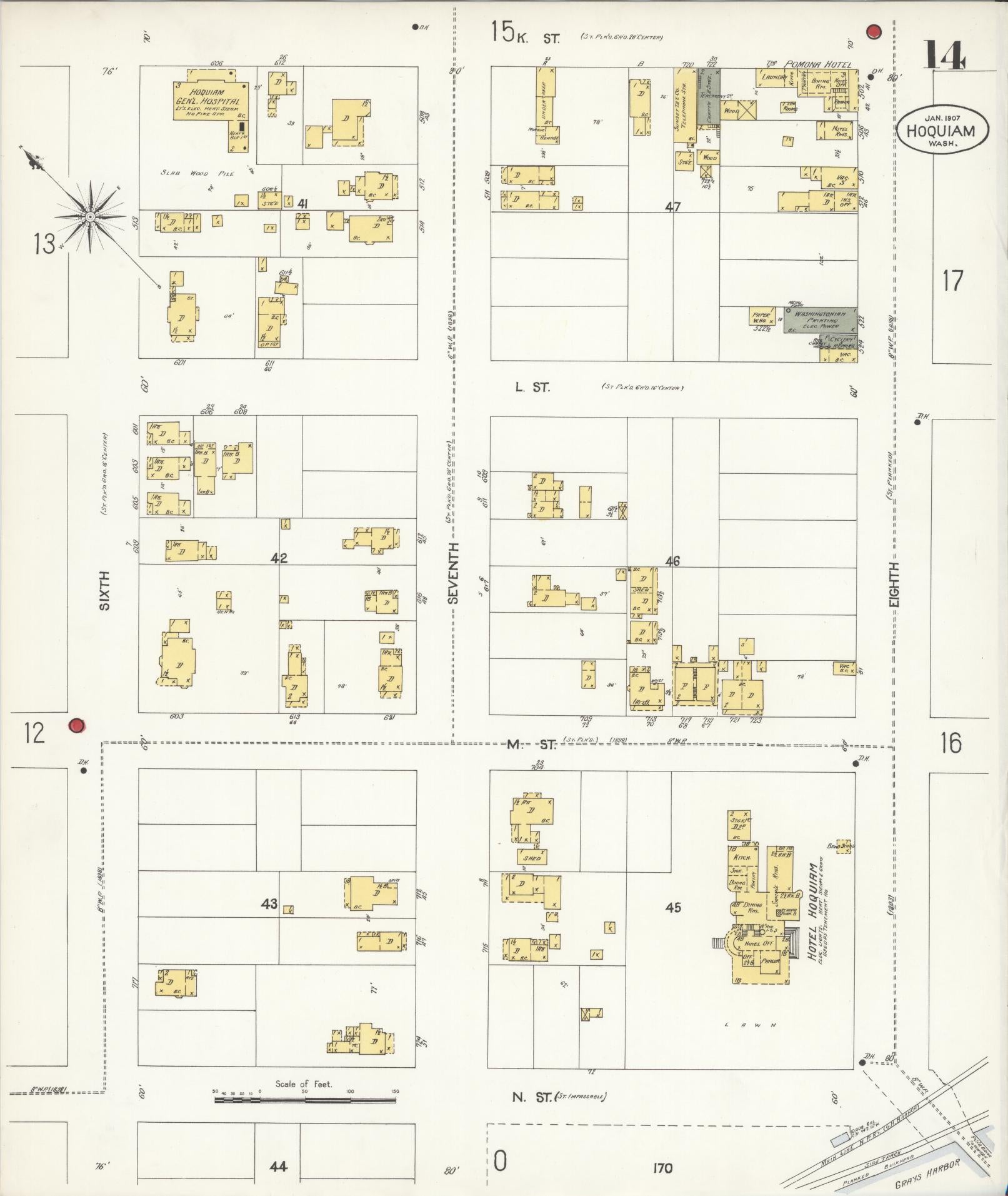Sanborn Fire Insurance Map from Hoquiam, Grays Harbor County, Washington (1907), Sheet #0014 - Complete Map Set gallery image, historic Sanborn map, vintage wall art, Washington Washington