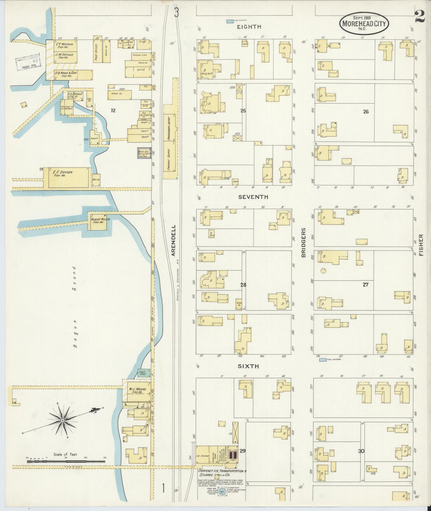 Sanborn Fire Insurance Map from Morehead City, Carteret County, North Carolina (1908), Sheet #0002 - Complete Map Set gallery image, historic Sanborn map, vintage wall art, North Carolina North Carolina