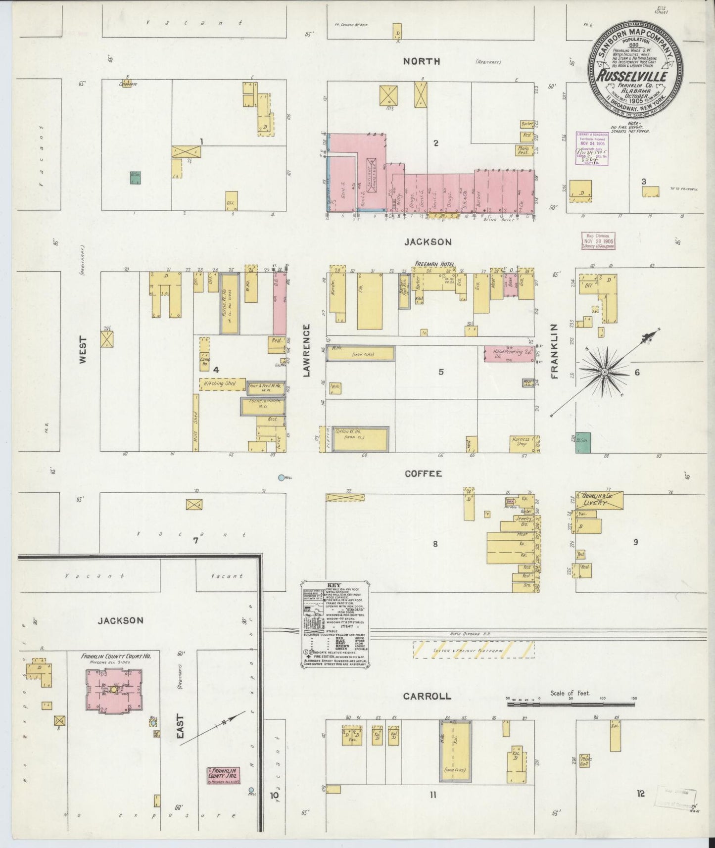 Sanborn Fire Insurance Map from Russellville, Franklin County, Alabama (1905), Sheet #0001 - Historic Sanborn Fire Insurance Map Print, vintage old map wall art, antique decor, genealogy gift, Alabama Alabama map