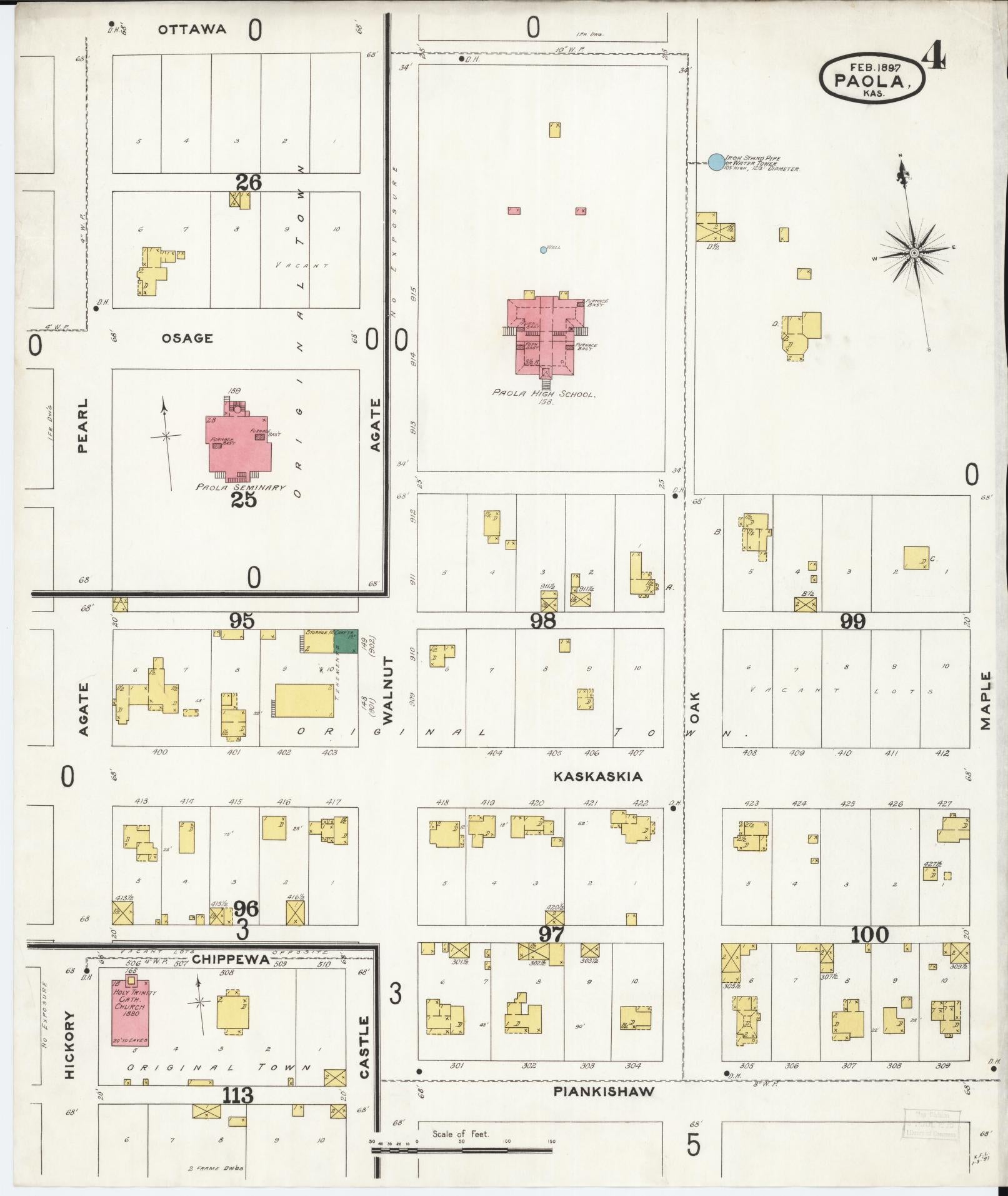 Sanborn Fire Insurance Map from Paola, Miami County, Kansas (1897), Sheet #0004 - Historic Sanborn Fire Insurance Map Print, vintage old map wall art, antique decor, genealogy gift, Kansas Kansas map