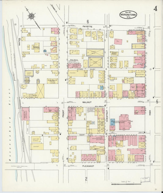 Sanborn Fire Insurance Map from Morgantown, Monongalia County, West Virginia (1911), Sheet #0004 - Historic Sanborn Fire Insurance Map Print, vintage old map wall art, antique decor, genealogy gift, West Virginia West Virginia map