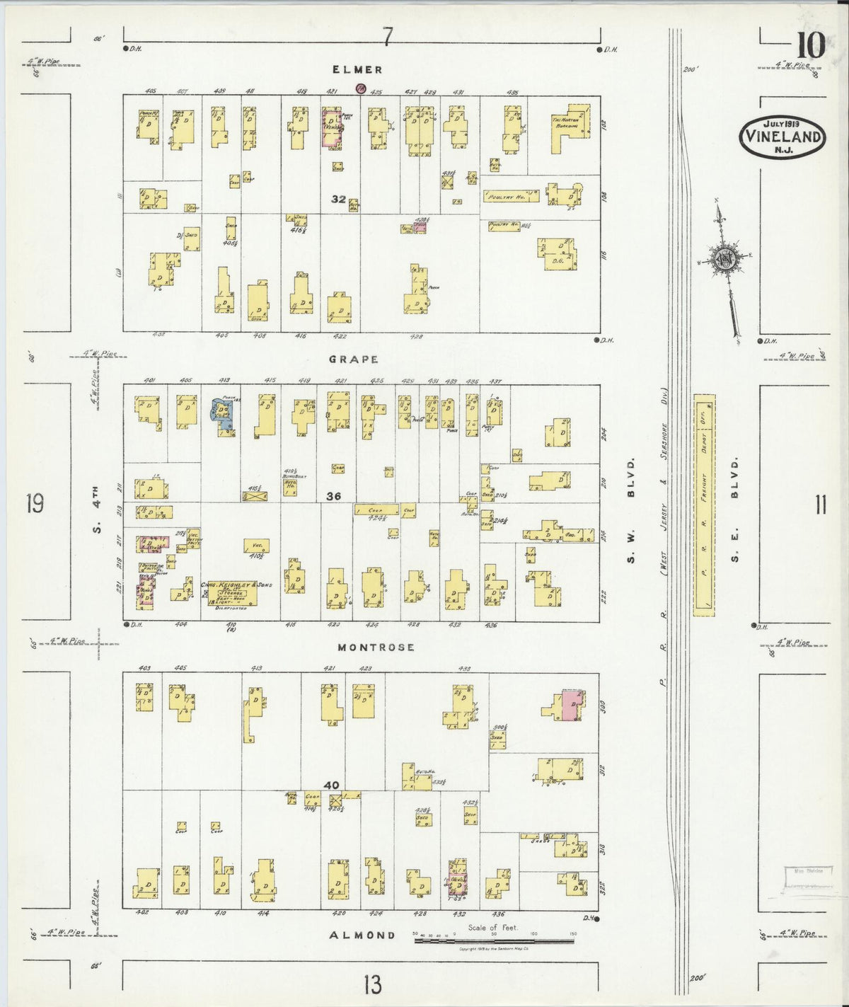 Sanborn Fire Insurance Map from Vineland, Cumberland County, New Jersey (1919), Sheet #0010 - Complete Map Set gallery image, historic Sanborn map, vintage wall art, New Jersey New Jersey