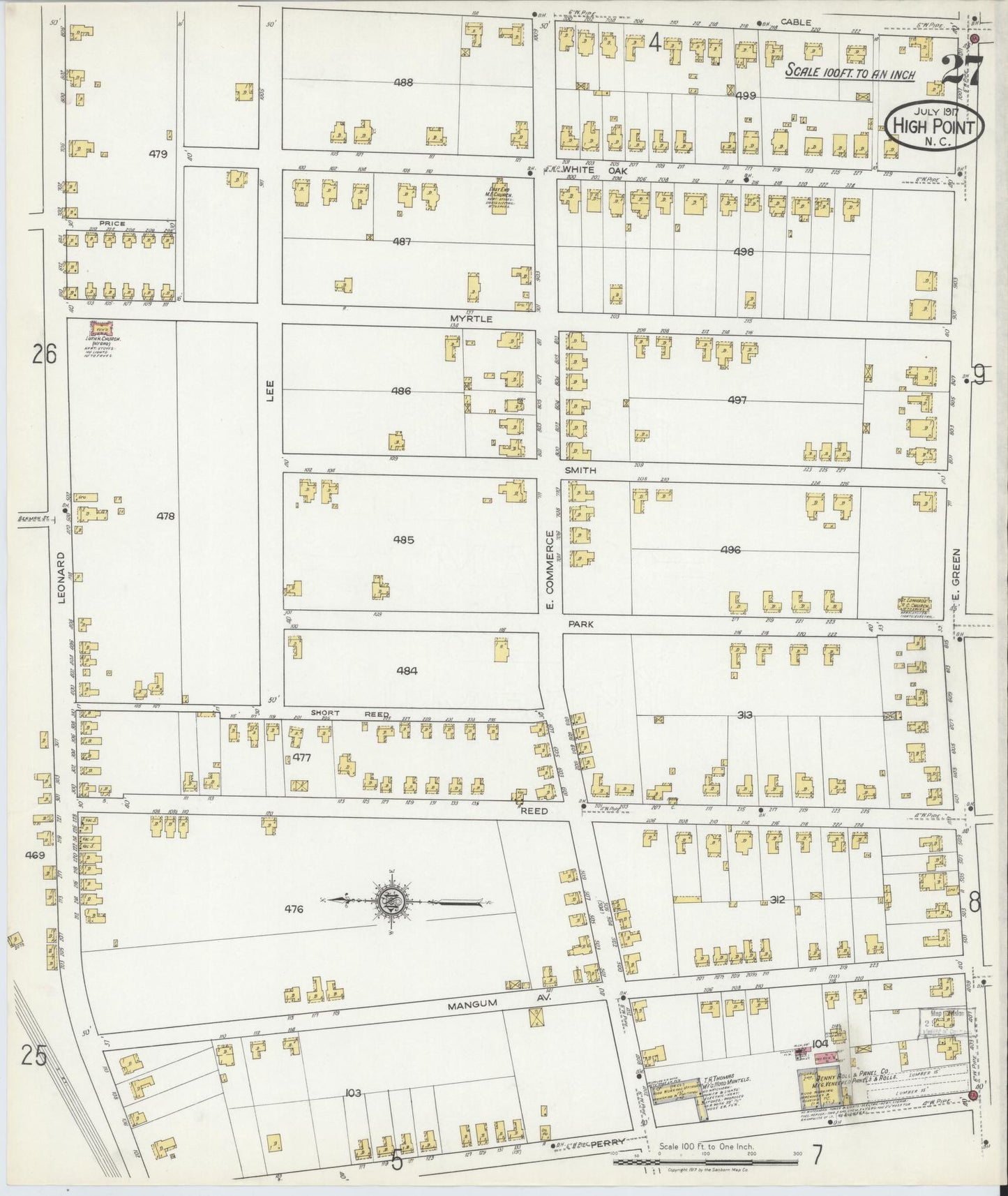 Sanborn Fire Insurance Map from High Point, Guilford County, North Carolina (1917), Sheet #0027 - Complete Map Set gallery image, historic Sanborn map, vintage wall art, North Carolina North Carolina