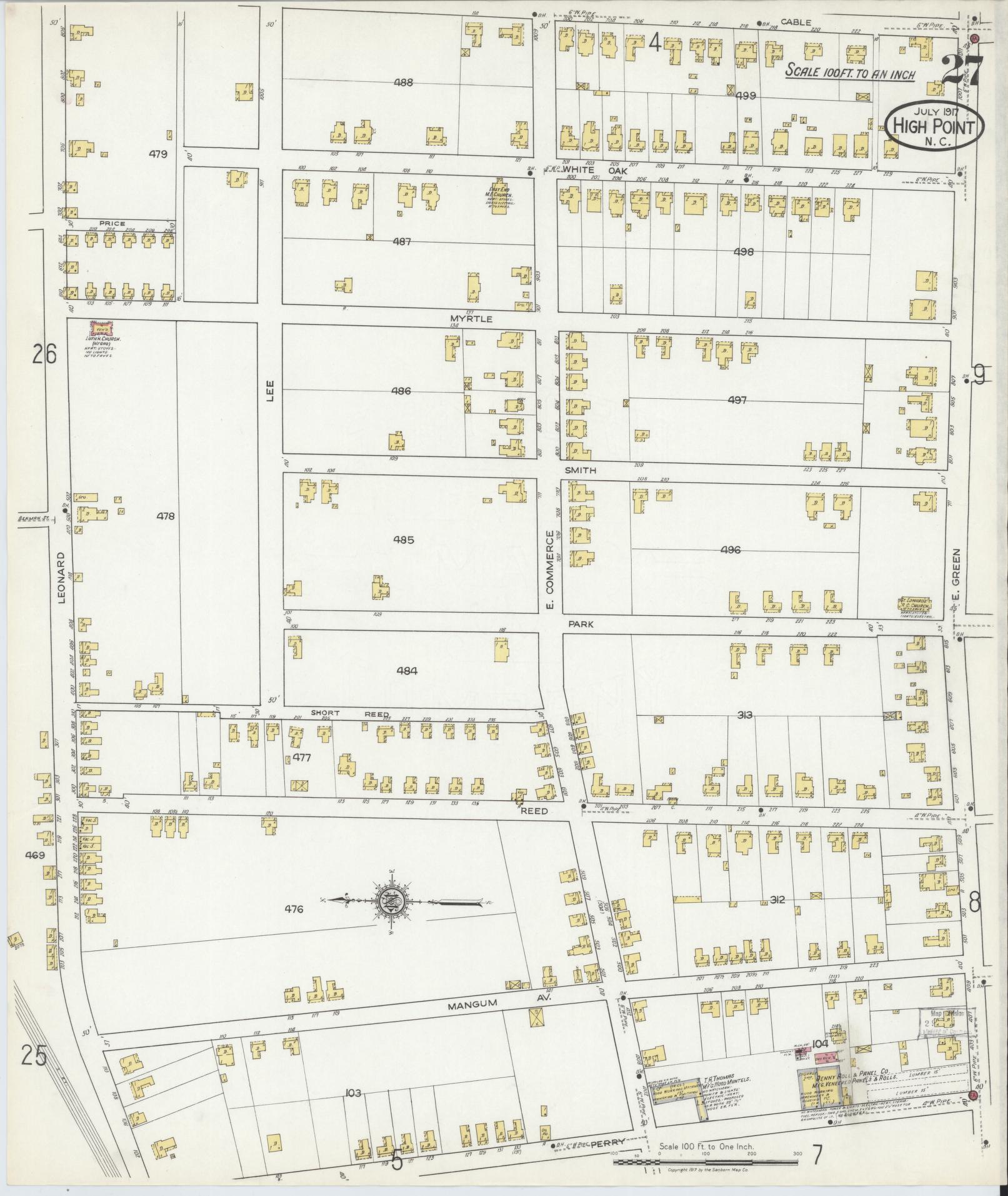 Sanborn Fire Insurance Map from High Point, Guilford County, North Carolina (1917), Sheet #0027 - Complete Map Set gallery image, historic Sanborn map, vintage wall art, North Carolina North Carolina