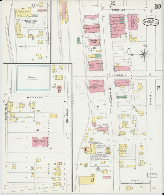 Sanborn Fire Insurance Map from Springfield, Greene County, Missouri (1896), Sheet #0019 - Historic Sanborn Fire Insurance Map Print, vintage old map wall art, antique decor, genealogy gift, Missouri Missouri map