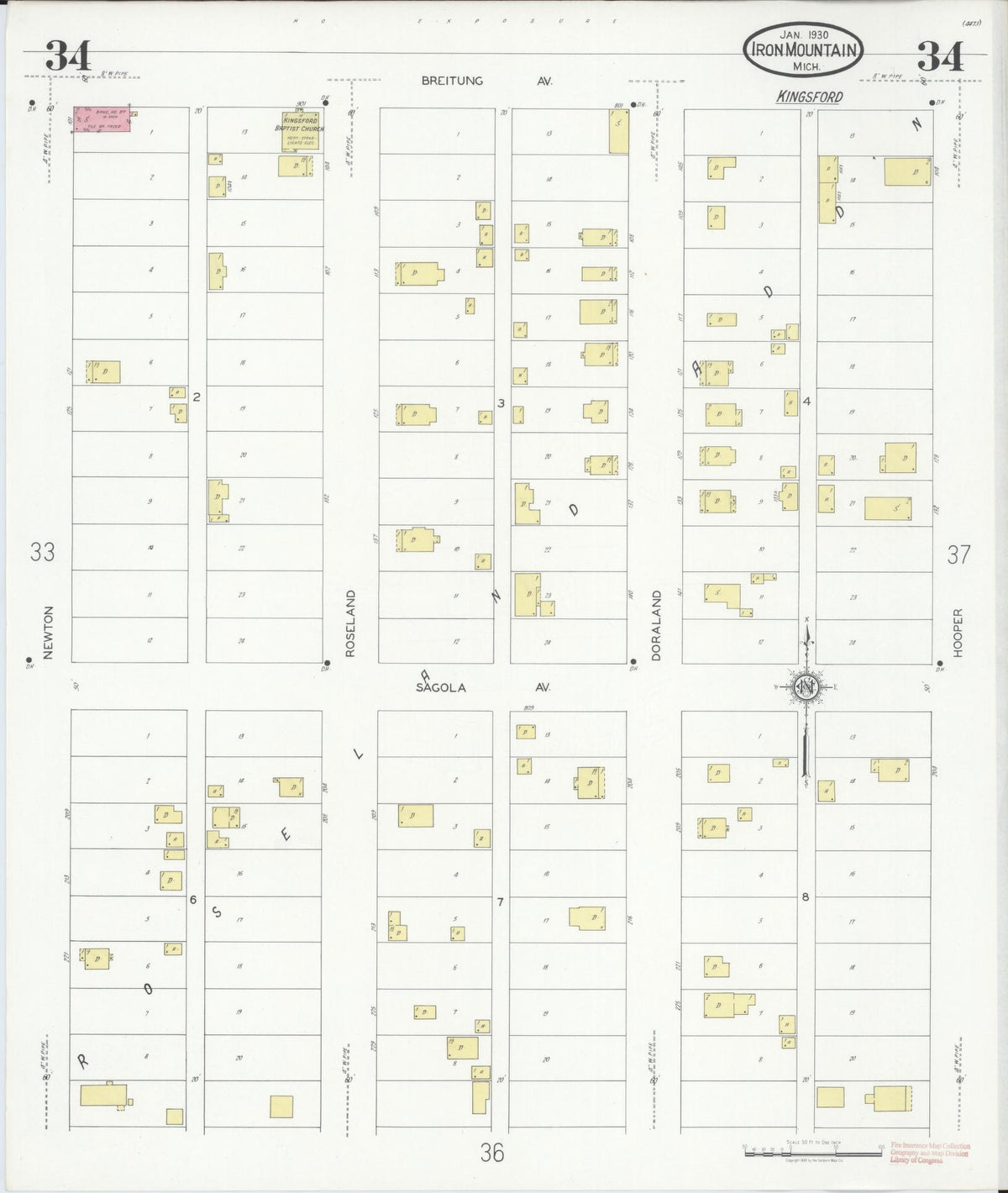 Sanborn Fire Insurance Map from Iron Mountain, Dickinson County, Michigan (1930), Sheet #0034 - Historic Sanborn Fire Insurance Map Print, vintage old map wall art, antique decor, genealogy gift, Michigan Michigan map
